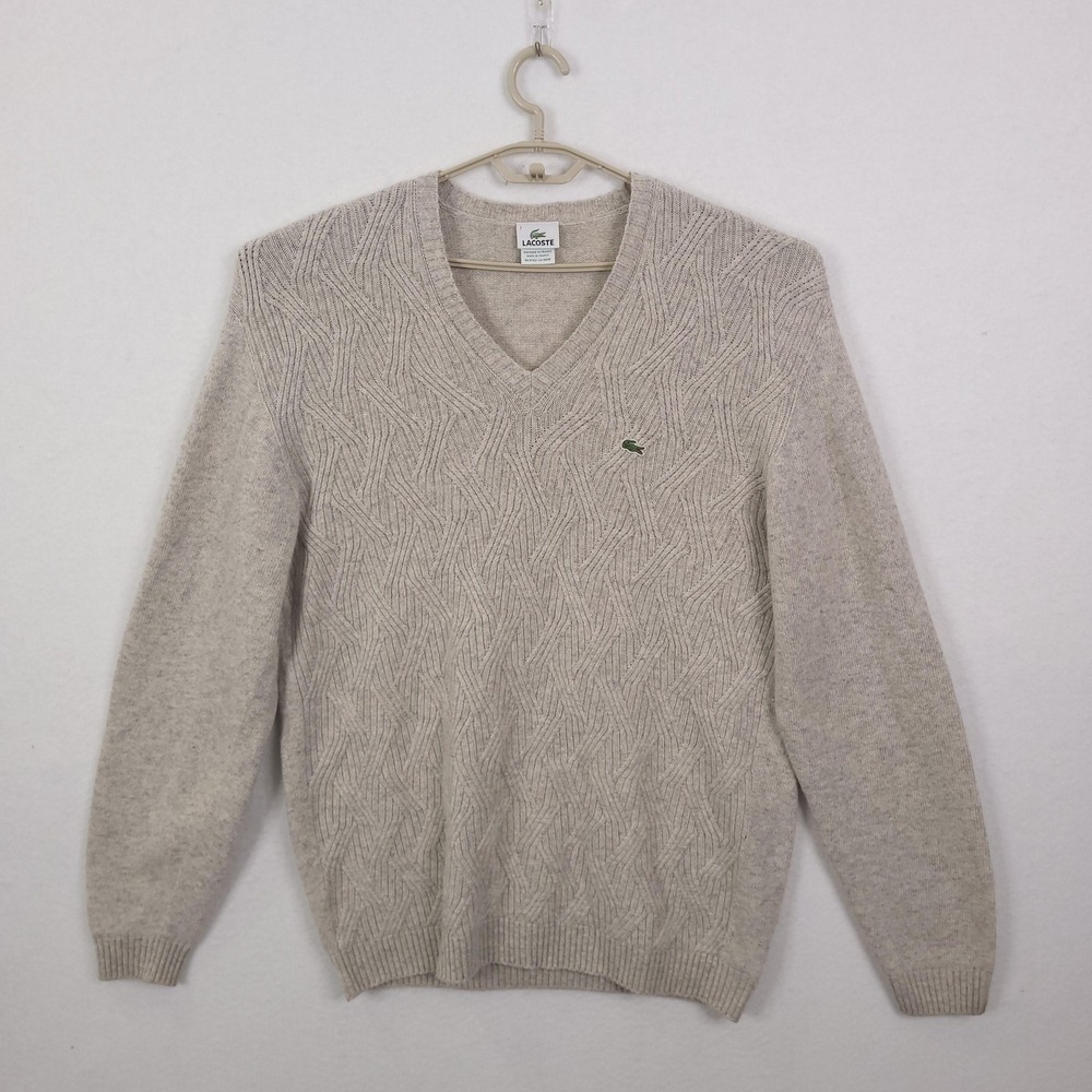 Lacoste Sweater Mens Sz 7 Beige V Neck Wool Viscose Cashmere Cable Knit Pullover